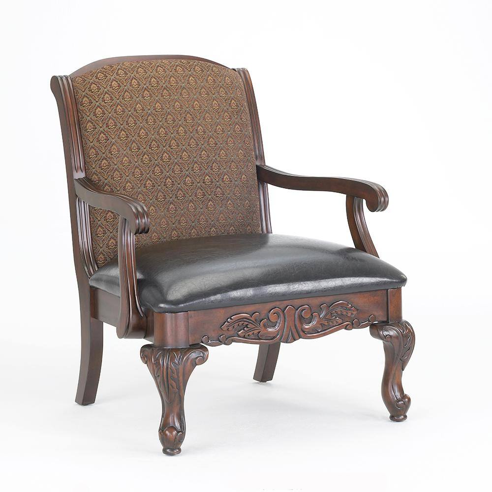 Traditional Walnut Finish Carved Accent Chair in Liza Brown