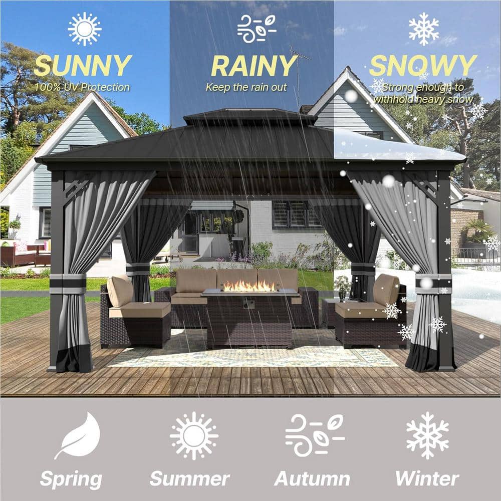 Gray 12x16ft Hardtop Gazebo with Nettings and Curtains