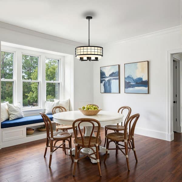 20 in. 6-Light Black Farmhouse Chandelier, Adjustable Pendant Light with Linen Shade for Dining Room Kitchen Island