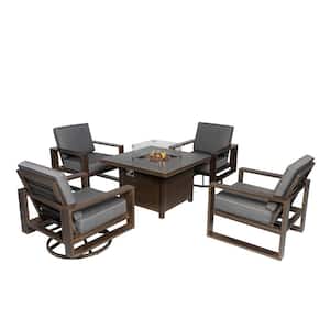5-Pieces Aluminum Patio Conversation with Gray Cushions, 41.34 in. Fire Pit Table Set - 2-Swivel plus 2-Armchair