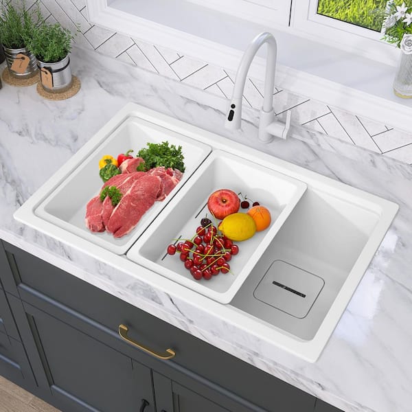 All-in-One 27 in. Drop-In/Undermount Single Bowl Matte White Granite Composite Kitchen Workstation Sink with Accessory