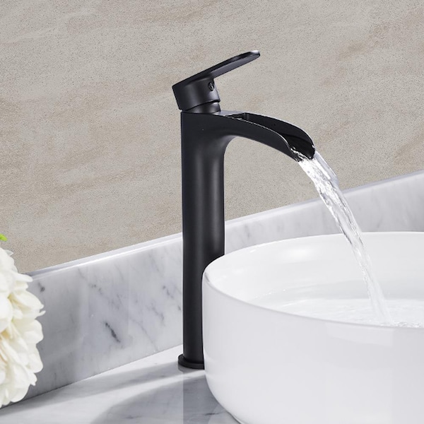 Waterfall Single Hole Single Handle High-Arc Bathroom Vessel Faucet with Drain for Vanity Sink in Matte Black