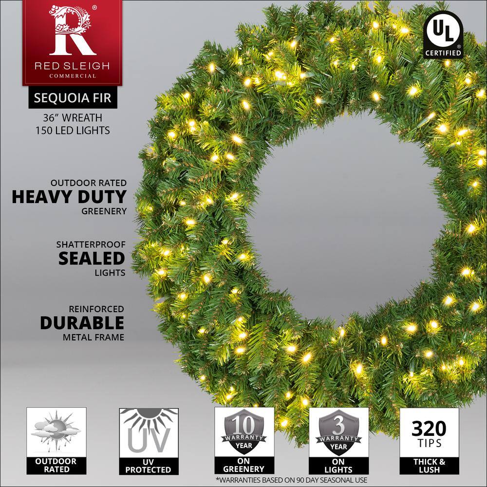36" Green Sequoia Fir Artificial Christmas Wreath with Warm White LED Lights
