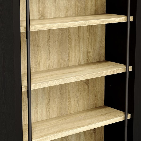 86.6 in. Tall Black Oak Wood 6-Shelf Ladder Bookcase with Rolling Ladder, Open Storage., Tip-Resistant Hardware