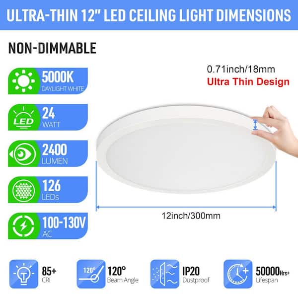 12 in. Round Brushed White Integrated LED Flush Mount Ceiling Light, 24-Watt 2400-Lumen 5000K Daylight