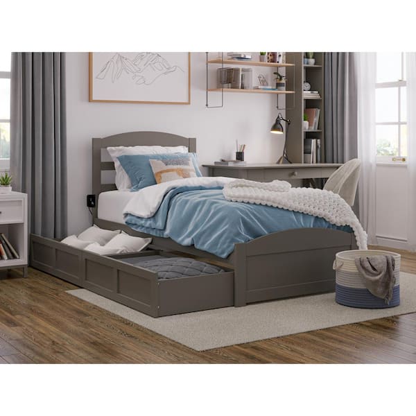 Warren 38-1/4 in. W Grey Twin Extra Long Solid Wood Frame with Footboard 2-Drawers and USB Charger Platform Bed