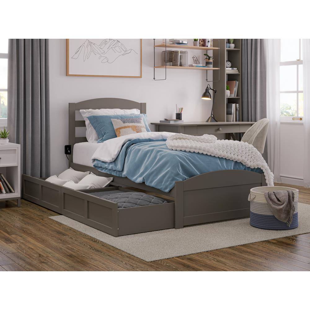 Gray Twin Wood Platform Bed with Storage Drawers