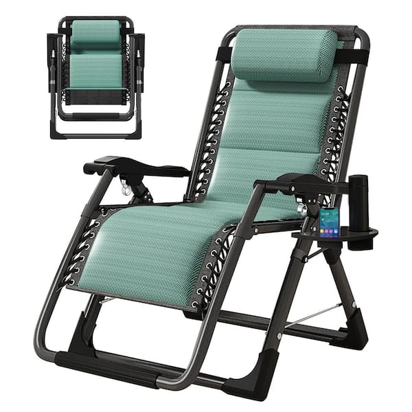 BOZTIY Folding Zero Gravity Metal Frame Recliner Outdoor Lounge Chair With Side Tray, Adjustable Headrest, Black Cushion
