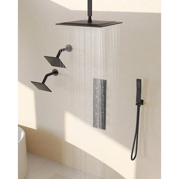 16 in. with two 6 in. 15-Spray Thermostatic Ceiling Mount Dual Fixed and Handheld Shower Head 2.5 GPM in Matte Black