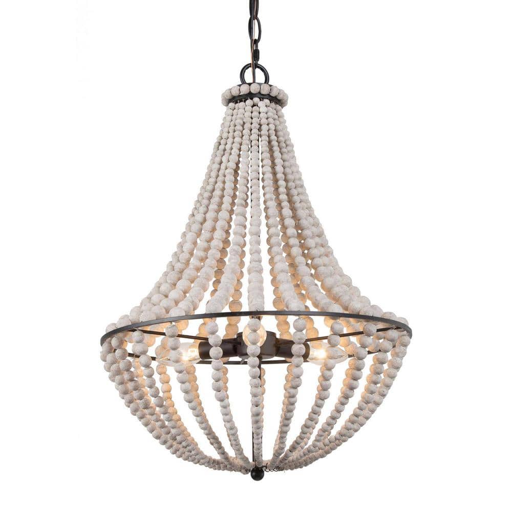 Empire 3-Light Black Distressed White Wood Beads Chandelier for Living Room