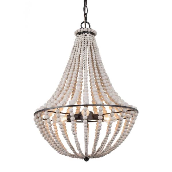 Unbranded Empire 3-Light Black Distressed White Wood Beads Chandelier for Living Room, Dining Room with No Bulb Included