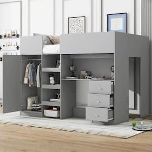 Gray Wood Frame Full Size Loft Bed with Built-in Wardrobe, Desk, Storage Shelves, Drawers