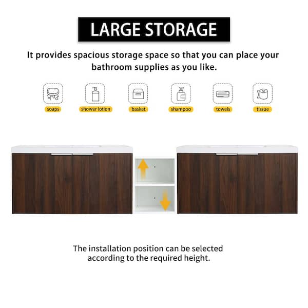 18 in. W x 84 in. D x 19 in. H 2 Sink Wall Mounted Bath Vanity in Walnut with White Resin Top and 1-Storage Shelves