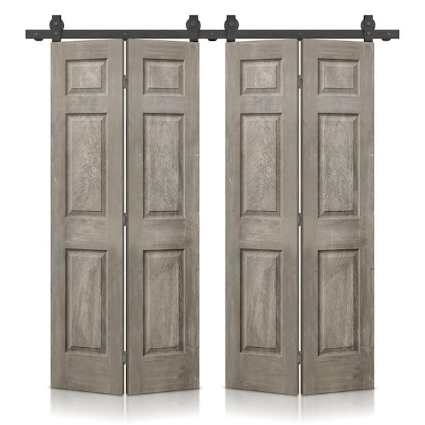 CALHOME 48 in. x 84 in. Vintage Gray Stain 6-Panel MDF Hollow Core Composite Double Bi-Fold Barn Doors with Sliding Hardware Kit