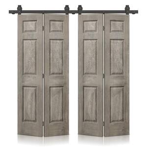 72 in. x 84 in. Hollow Core Vintage Gray Stain 6 Panel MDF Double Bi-Fold Barn Door with Sliding Hardware Kit