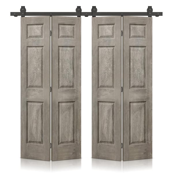 CALHOME 72 in. x 84 in. Hollow Core Vintage Gray Stain 6 Panel MDF Double Bi-Fold Barn Door with Sliding Hardware Kit