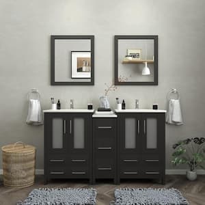 Brescia 60 in. W x 18.1 in. D x 35.8 in. H Double Basin Bathroom Vanity in Espresso with Top in White Ceramic and Mirror