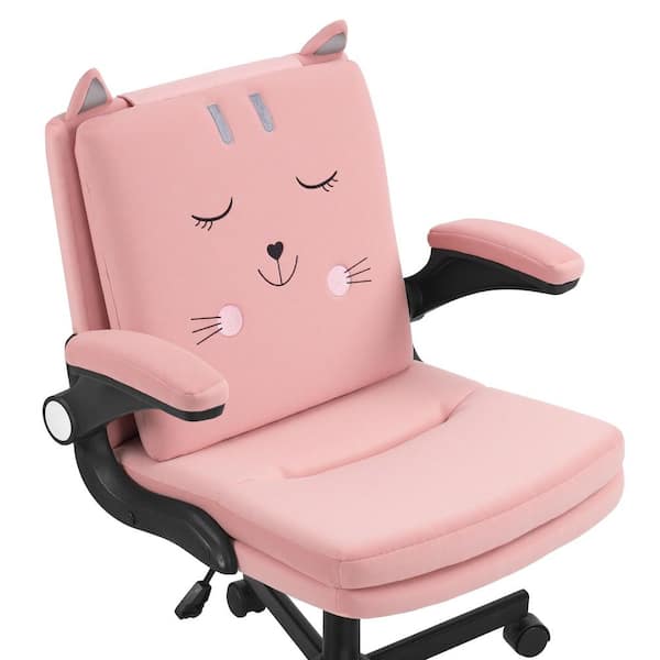 Cute Cat Velvet Ergonomic Task Chair in Pink with Flip-Up Arms, Adjustable Height Swivel Computer Desk Chair
