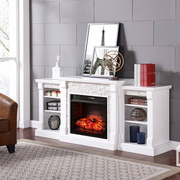 Southern Enterprises Nassau 71.75 in. W Infrared Faux Stone Electric Fireplace with Bookcases in White