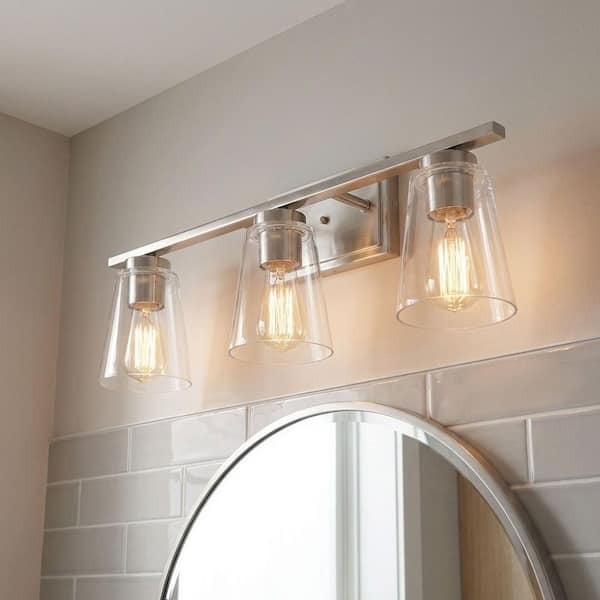 Calhoun 24 in. W x 8.75 in. H 3-Light Satin Nickel Bathroom Vanity Light with Clear Tapered Cone Glass Shades