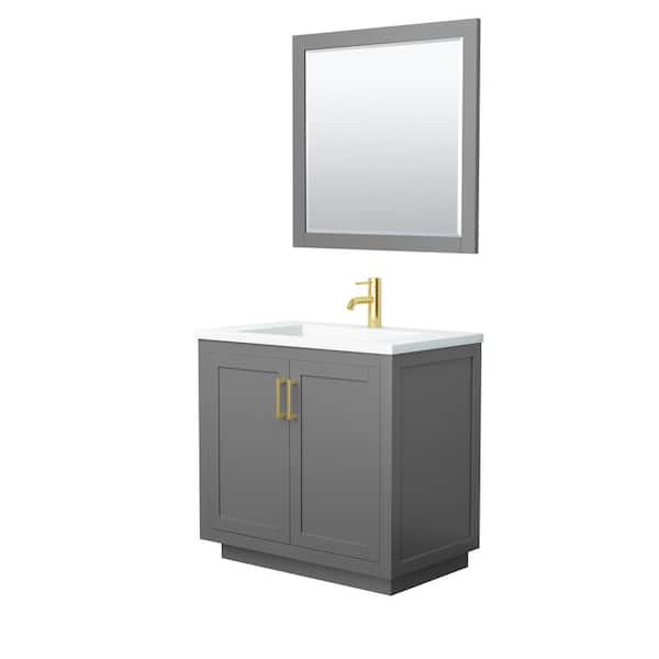 Wyndham Collection Miranda 36 in. W Single Bath Vanity in Dark Gray with Solid Surface Vanity Top in White with White Basin and Mirror