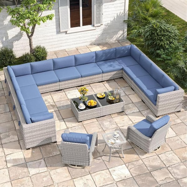 17-Piece Wicker Outdoor Patio Conversation Seating Set with Navy Cushions