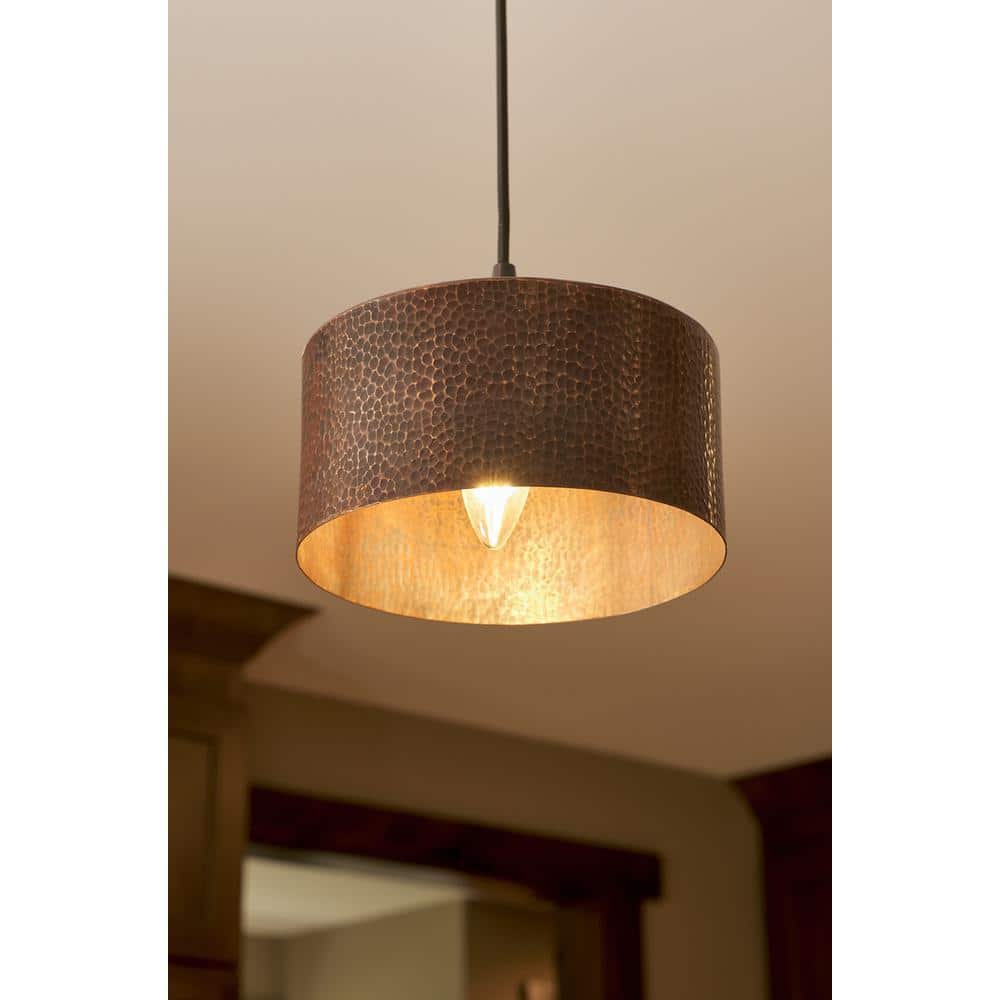 8-Inch Round Hammered Copper Pendant Light with Matte Black Cord