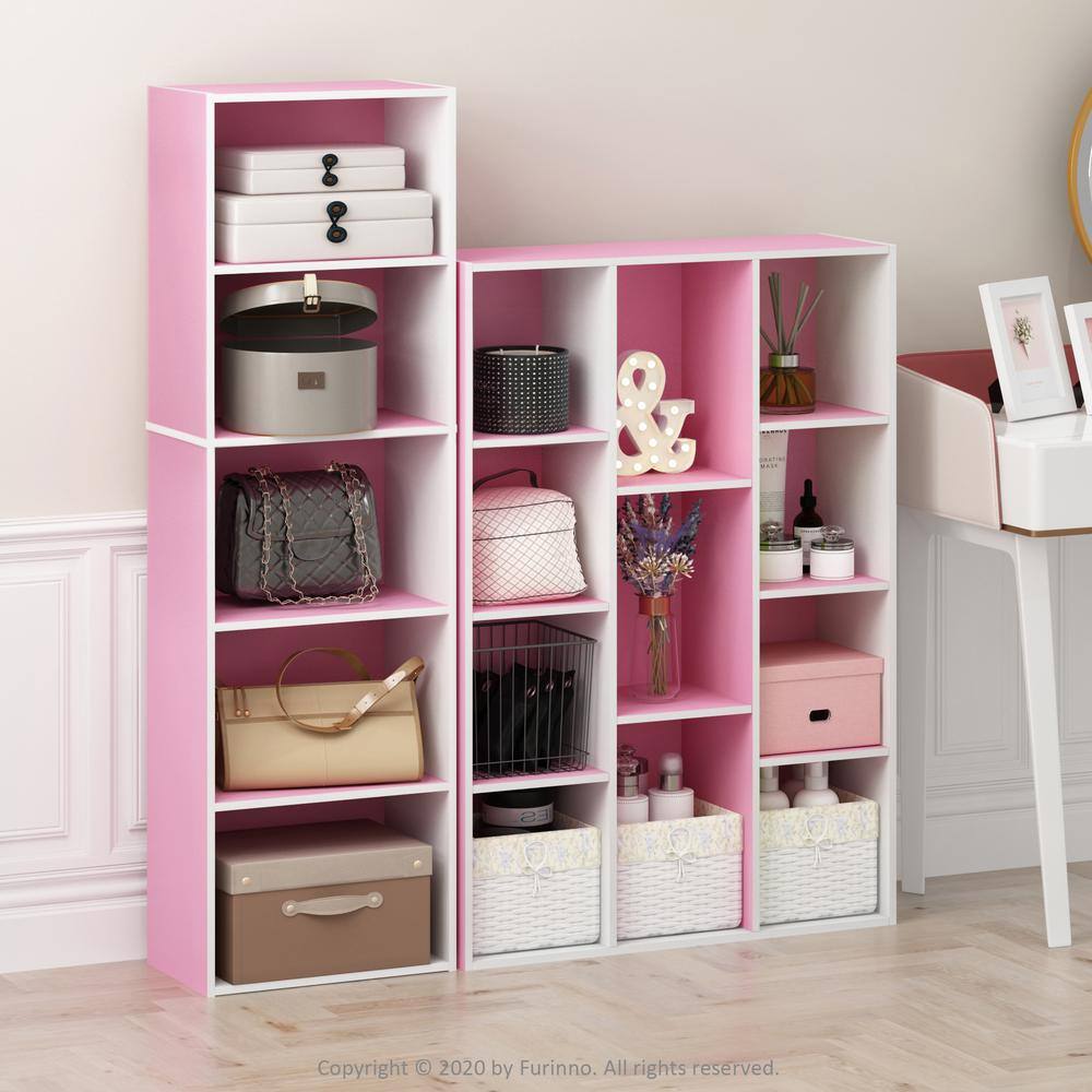 Contemporary 5-Tier Laminated Wood Bookcase in White & Pink
