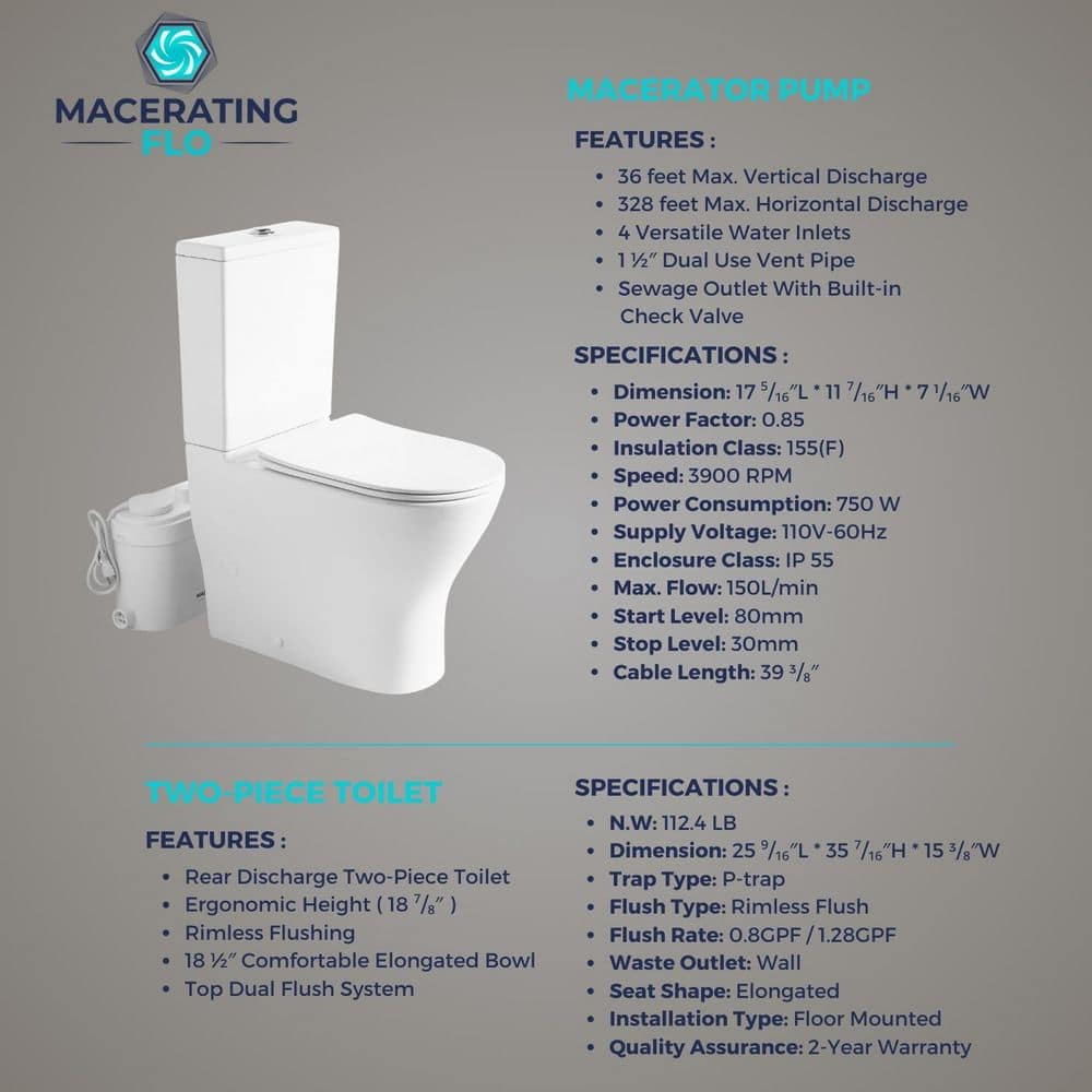 White Ceramic Two-Piece Elongated Macerating Toilet System
