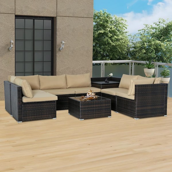 Unbranded 8-Piece Wicker Outdoor Sofa Sectional Set with Washable Khaki Cushions and Storage Box
