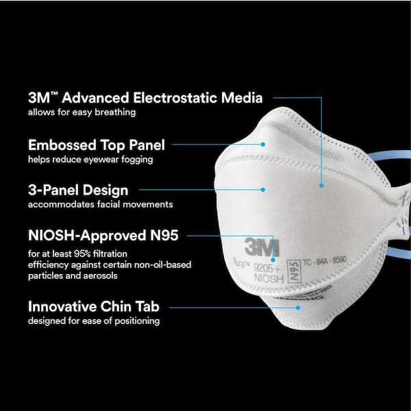 3M 9205+ N95 Aura Particulate Disposable Respirator Foldable (3