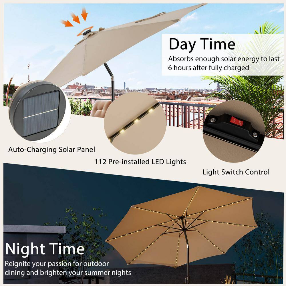 10ft Beige Solar LED Lighted Patio Umbrella with Crank Tilt