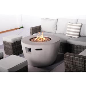 Vivian III 8-Pieces Rock and Fiberglass Fire Pit Table with Brown Wicker Conversation Set with Beige Cushions