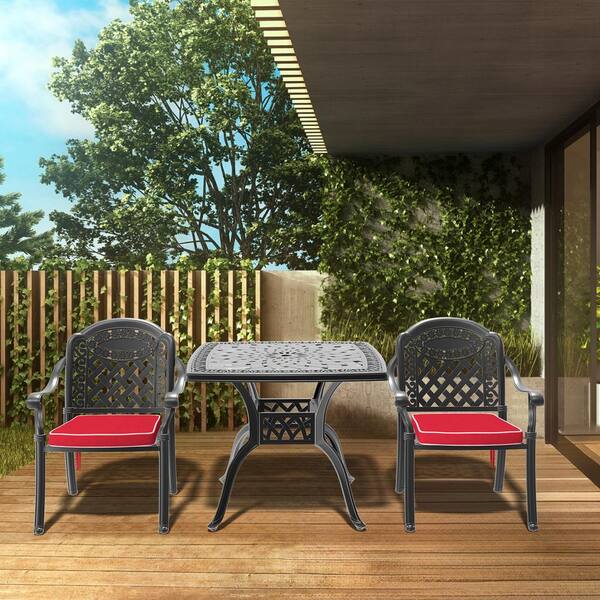 Willit Isabella Black 3-Piece Cast Aluminum Outdoor Dining Set with Square Table and Dining Chairs with Random Color Cushion