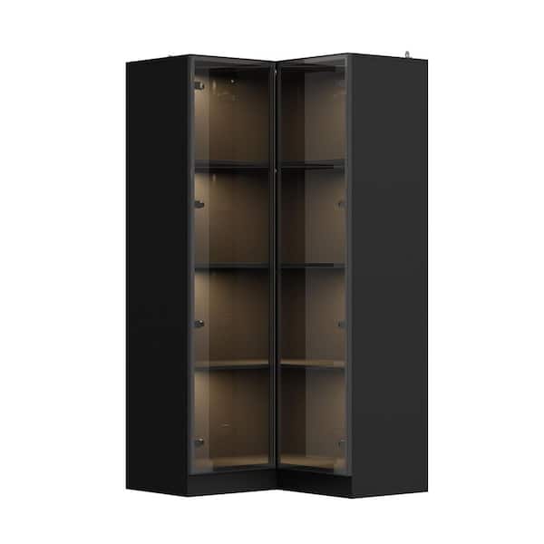 FUFU&GAGA Black Wood 31.5 in. W. 2-Door Corner Wardrobe Armoires Bag Cabinet with Glass Doors, 3-Colors LED Lights