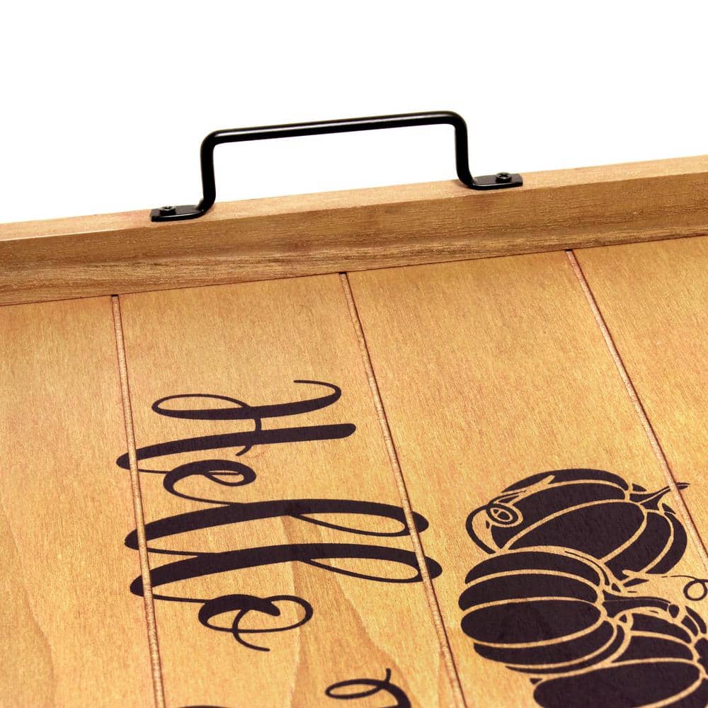 Natural Wood Fall Serving Tray with Black Metal Handles