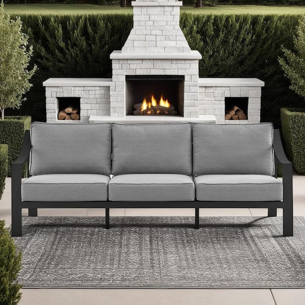 Armen Living Koda Black Aluminum Outdoor Couch with Dark Gray Cushions