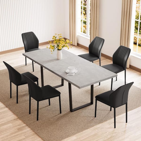7-Piece Set of 6-Black Chairs and Retractable Dining Table, Dining ...