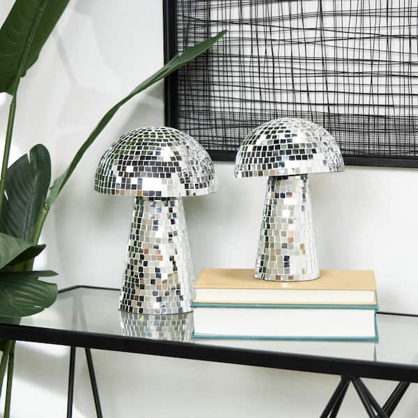 Litton Lane Silver Glass Handmade Mosaic Mirrored Mushroom Sculpture (Set of 2)