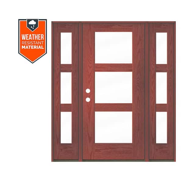 BRIGHTON Modern 64 in. x 79 in. 3-Lite Right-Hand/Inswing Clear Glass Redwood Stain Fiberglass Prehung Front Door w/DSL