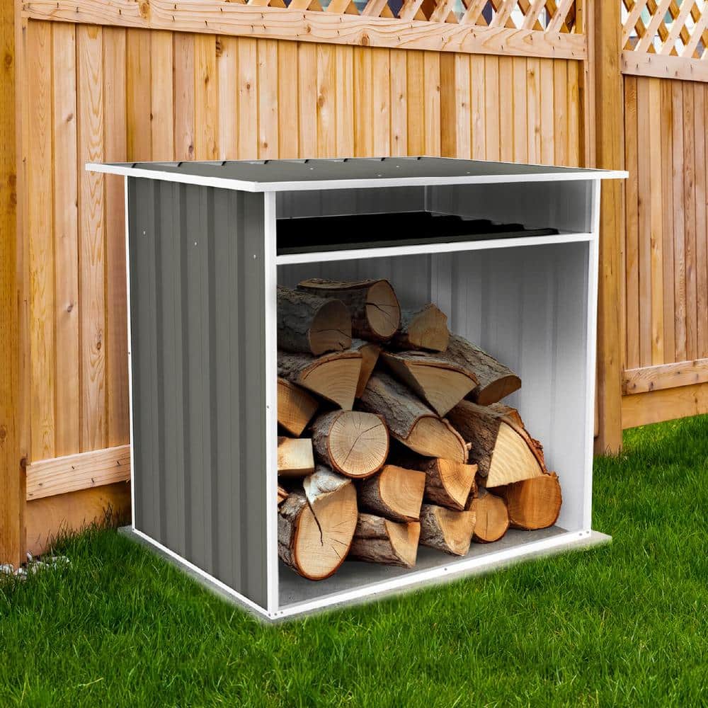 Woodland Gray Metal Firewood Storage Shed with Shelving