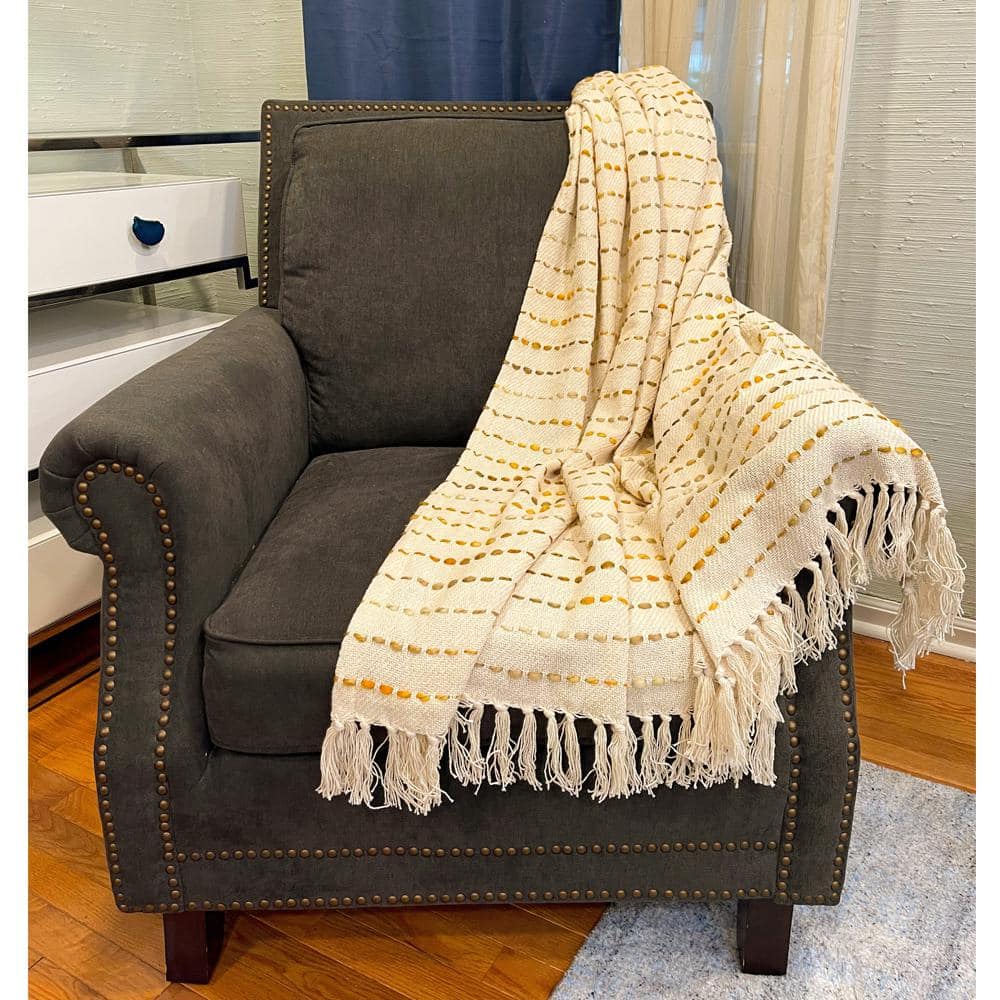 Elegant Boho Striped Cotton Throw Blanket with Fringe 50" x 60"