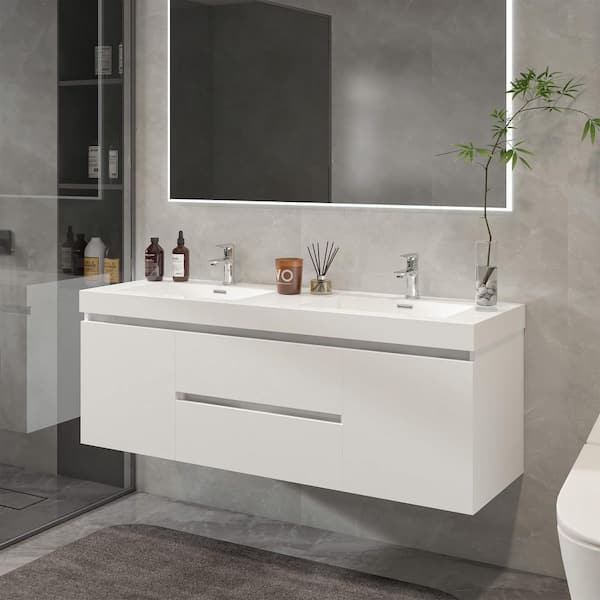 Annecy 60 in. W x 18.5 in. D x 20 in. H Bathroom Wall Hung Vanity in White with Double Basin Top in White Resin