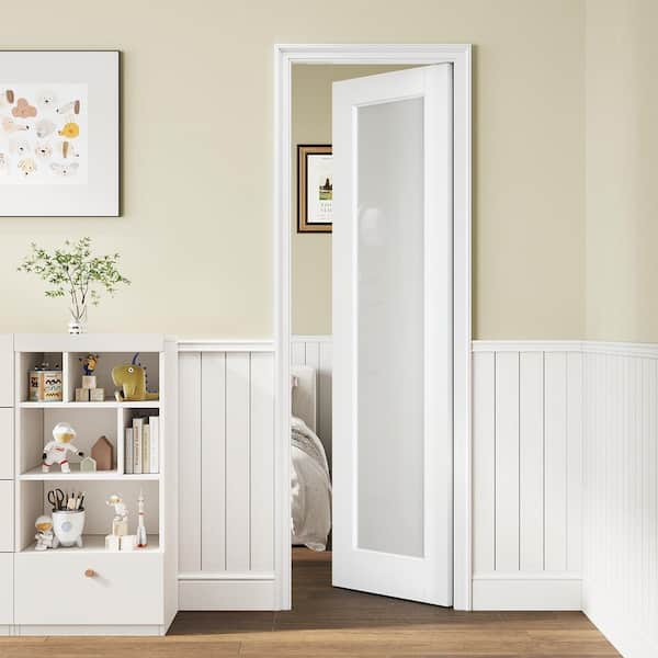 18 in. x 80 in. Paneled 1-Lite Tempered Frosted Glass MDF White Primed Solid Core Pre-Assembled Interior Door Slab
