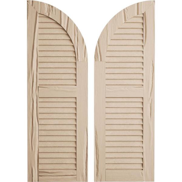 Ekena Millwork 12" x 82" Timberthane Polyurethane Riverwood 2-Equal Louvered Quarter Round Arch Top Faux Wood Shutters Pair in Primed