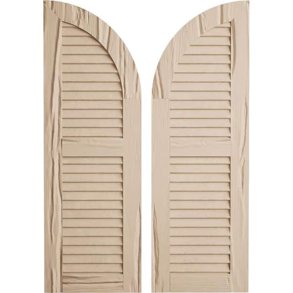 Ekena Millwork 18 x 58" Timberthane Polyurethane Riverwood 2-Equal Louvered Quarter Round Arch Top Faux Wood Shutters Pair in Primed