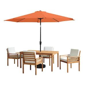 6-Piece Set, Okemo Wood Outdoor Dining Table Set with 4 Cushioned Chairs, 10 ft. Auto Tilt Umbrella Terre Cotta