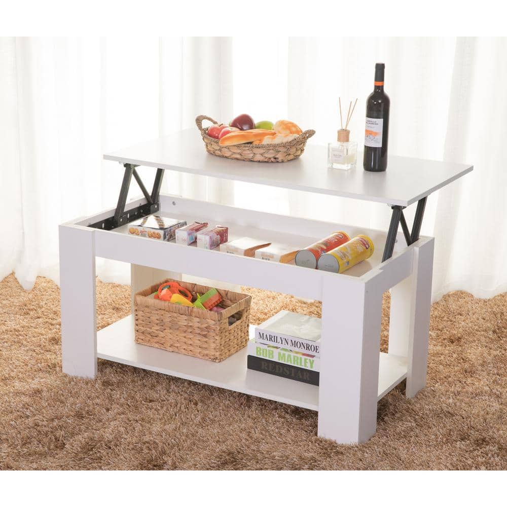 White Rectangular Wood Lift-Top Coffee Table with Storage