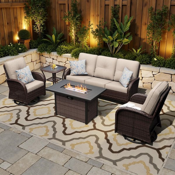 5-Piece Fire Pit Patio Set Wicker Outdoor Patio Conversation Set with Swivel Rocking Chairs and Beige Cushions