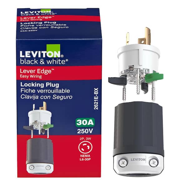 Black & White Lever Edge 30 Amp 250 Volt Locking Plug, NEMA L6-30P, 2P, 3W, Industrial Grade 2621E-BX